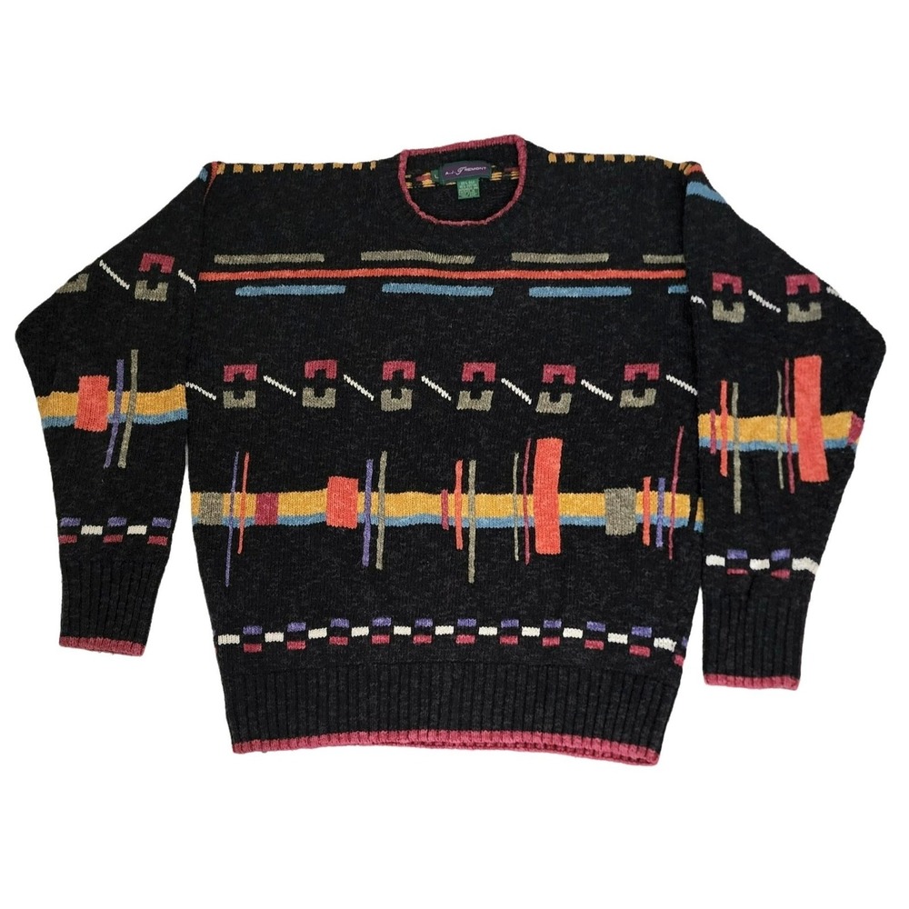 A.J. Tremont Unisex Vintage Silk Cotton Pullover Knit Sweater Black/Multi Large - Picture 2 of 8